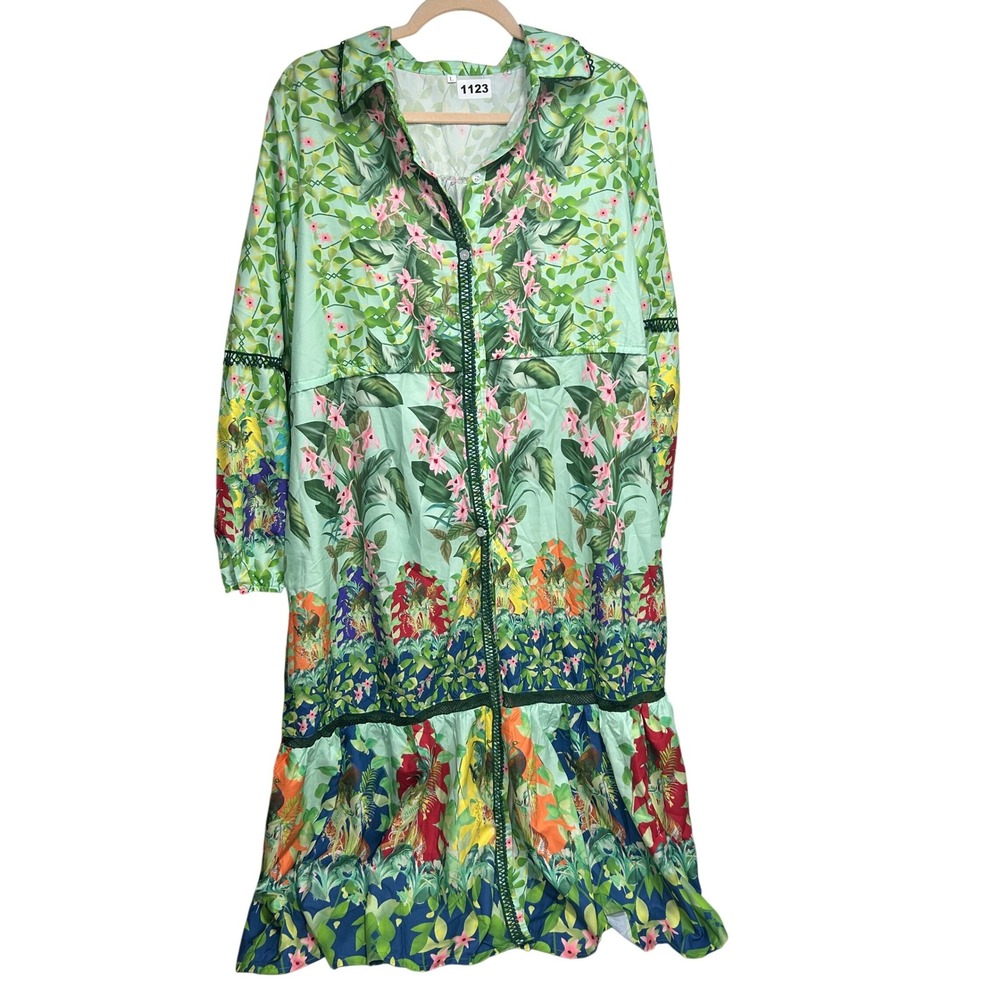 Unbranded Green Floral Button Down Maxi Dress Crochet Trim Tiered Ruffle Large